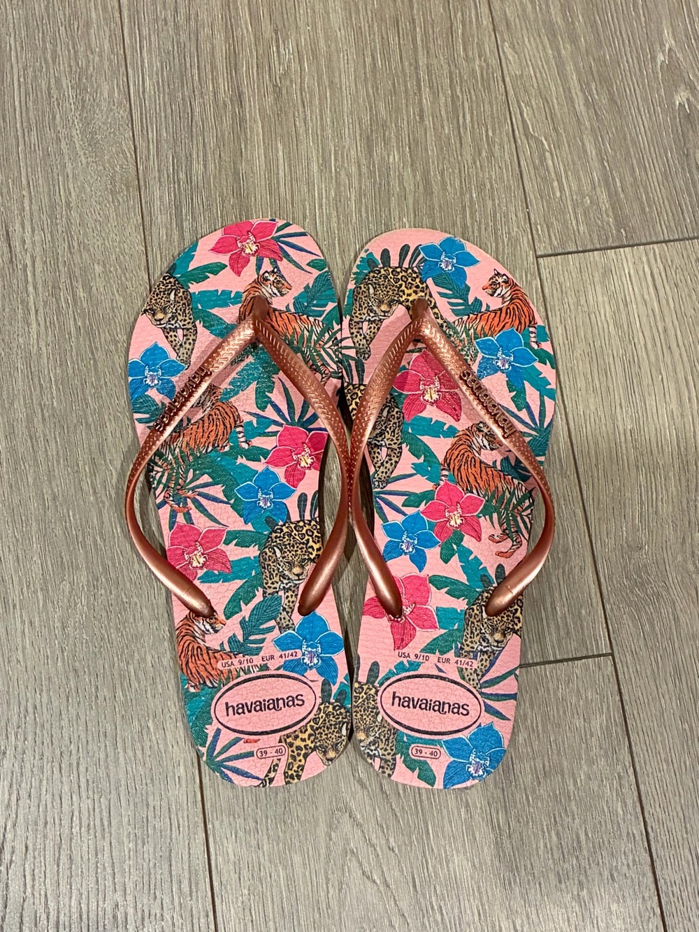 Havaianas Pink Floral & Jungle Print Flip Flops with Metallic Rose Straps